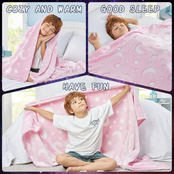 Glow in The Dark Soft Star Moon Pink Blanket - Image 4