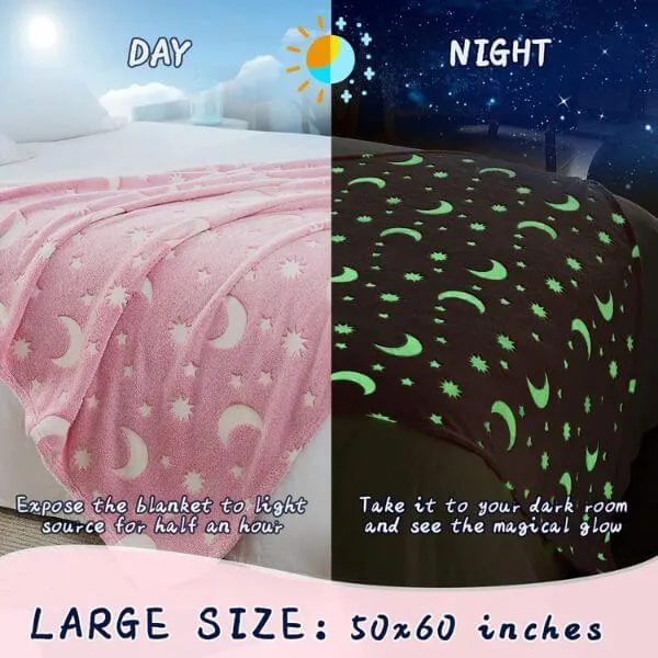 Glow in The Dark Soft Star Moon Pink Blanket - Image 3